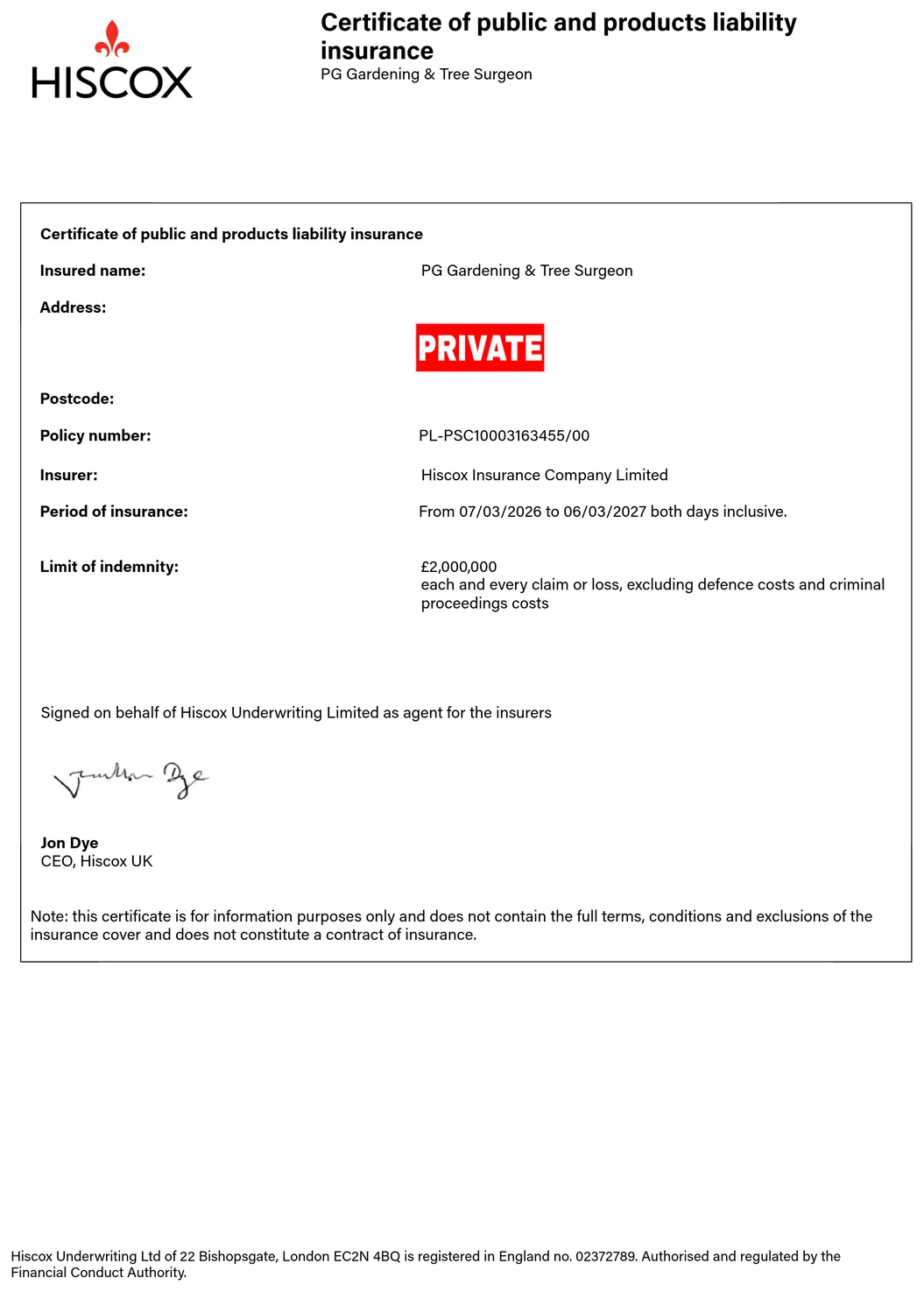 Hiscox certificate of public and products liability insurance for PG Gardening and Tree Surgeon, two million pounds limit of indemnity, valid 7 March 2026 to 6 March 2027.