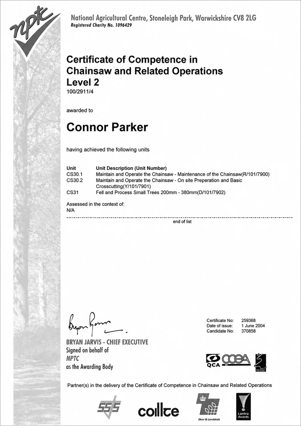 NPTC Certificate of Competence in Chainsaw and Related Operations Level 2, awarded to Connor Parker on 1 June 2004, listing units CS30.1, CS30.2 and CS31.