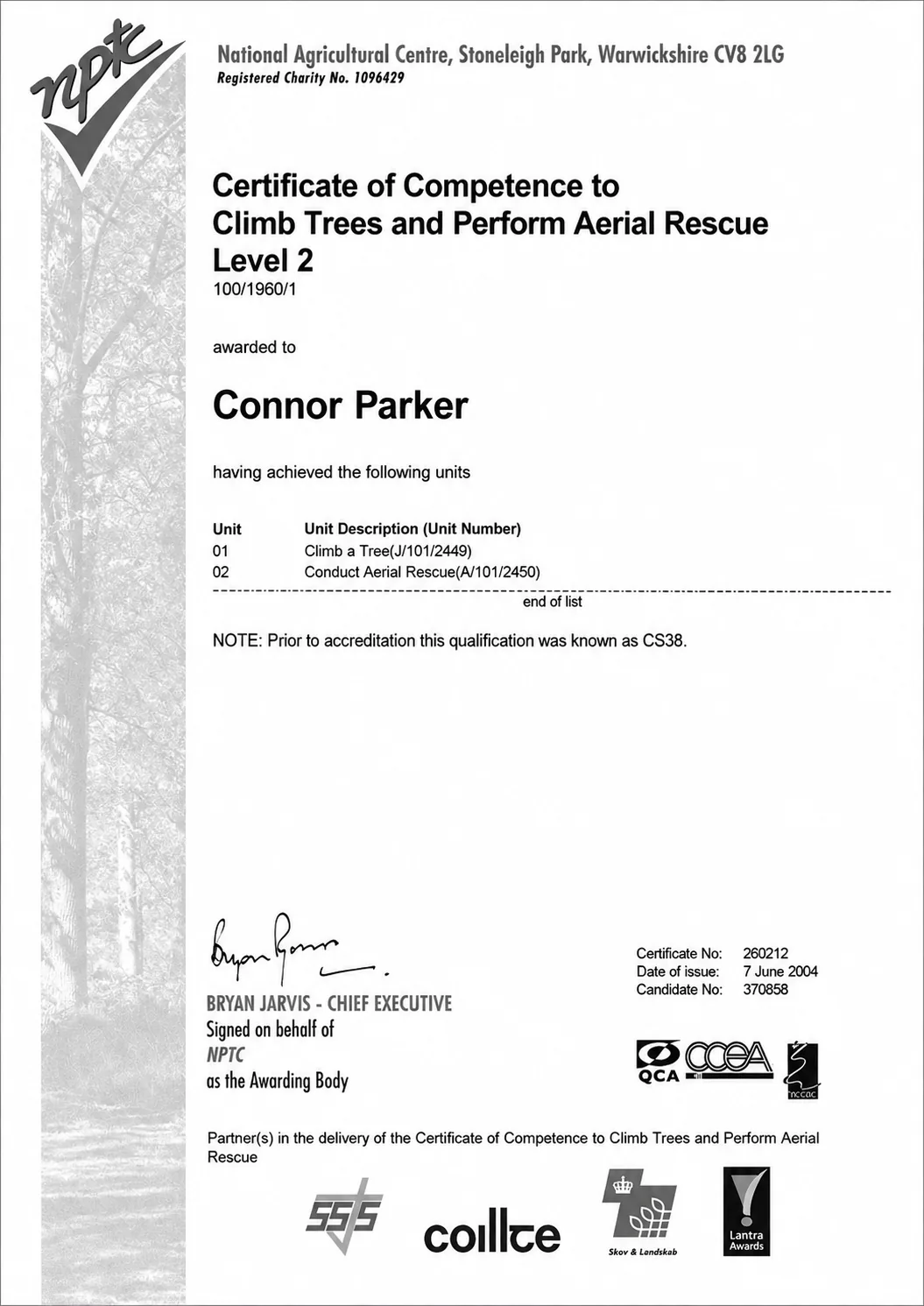NPTC Certificate of Competence to Climb Trees and Perform Aerial Rescue Level 2, awarded to Connor Parker on 7 June 2004, covering climbing a tree and conducting aerial rescue.